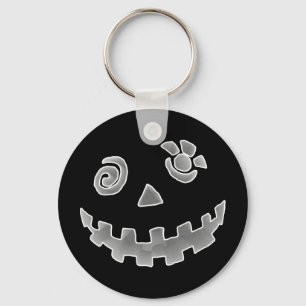 Crazy Jack O Lantern Pumpkin Face White Grey Keychain