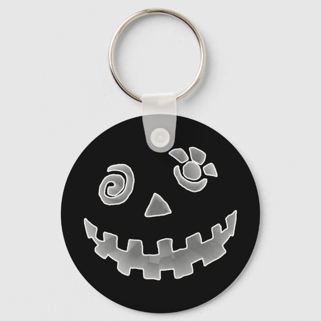 Crazy Jack O Lantern Pumpkin Face White Grey Keychain (Front)