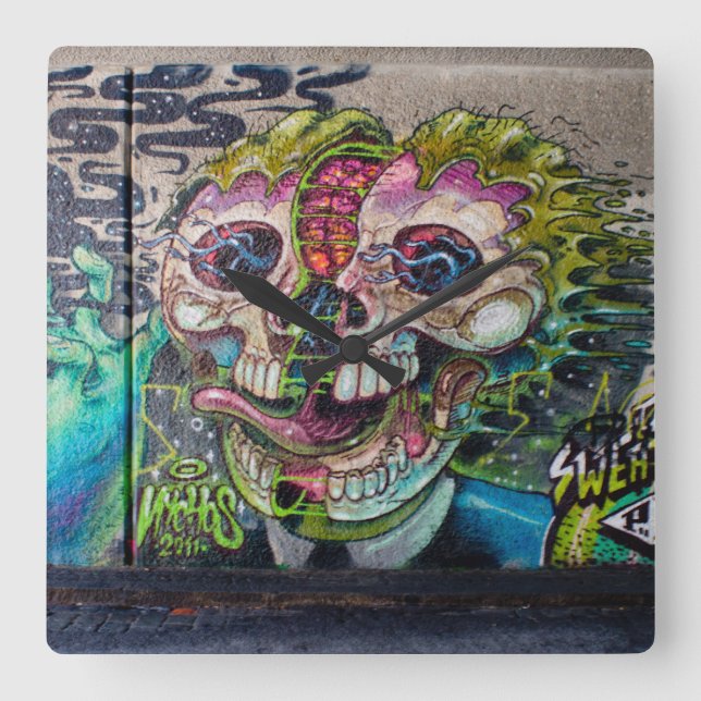 Crazy Kind Of Horror Skull Graffiti Square Wall Clock (Front)