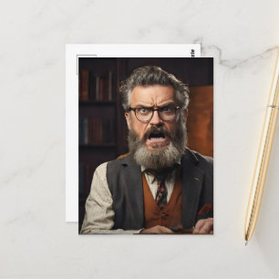 Crazy mad professor with beard postcard
