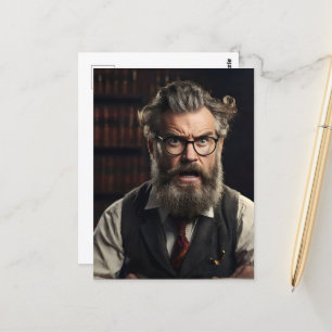 Crazy mad professor with beard postcard