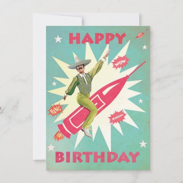 Crazy Mexican On Rocket Birthday Party Time Holiday Card (Front)