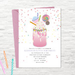 Crazy Milkshake Candy Cupcake Pink Birthday Party  Invitation<br><div class="desc">Illustration of a crazy pink milkshake,  topped with whipped cream,  sprinkles,  a cupcake,  cake pop,  lollipop,  and more candy surrounded by confetti.</div>