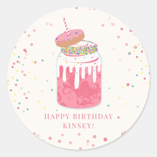 Crazy Milkshake Confetti Doughnut Pink Birthday Pa Classic Round Sticker (Front)