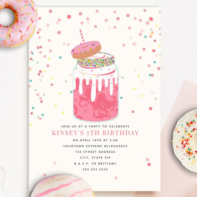 Crazy Milkshake Doughnut Confetti Pink Birthday Pa Invitation (Creator Uploaded)