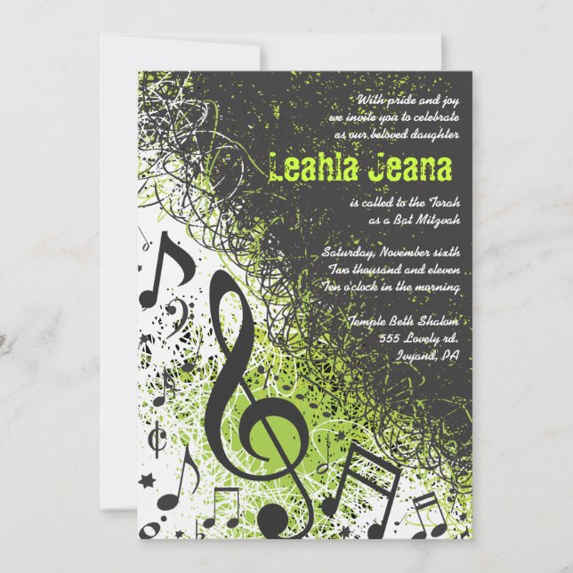 CRAZY MUSICAL NOTES Bar Mitzvah Invitation Lime (Devant)