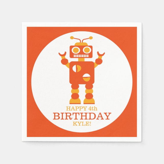 Crazy Orange Robot Personalized Birthday Party Napkin (Front)