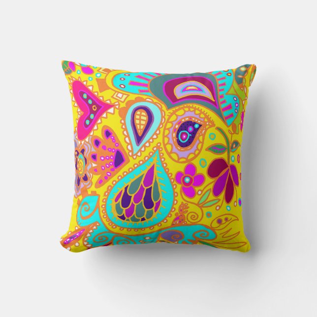 Crazy Paisley Yellow & RED Two-sided Throw Pillow (Front)