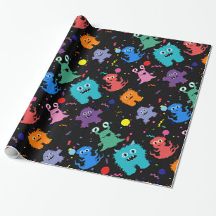 Crazy Party Monster Pattern Birthday Black Wrapping Paper