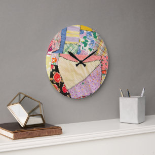 Crazy Patchwork Quilt With Zigzag Stitching Large Clock