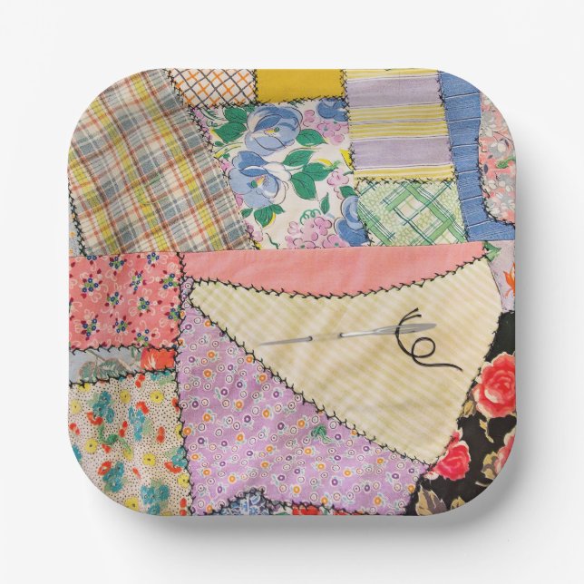 Crazy Patchwork Quilt With Zigzag Stitching Paper Plate (Front)