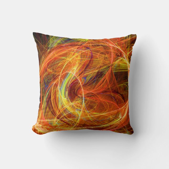 CRAZY PHOTON Abstract Yellow Orange Fractal Swirls Throw Pillow (Front)
