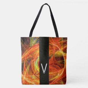 CRAZY PHOTON BLACK STRIPE MONOGRAM Yellow Fractals Tote Bag