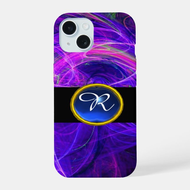 CRAZY PHOTON BLUE SAPPHIRE GEM STONE MONOGRAM iPhone 15 CASE (Back)