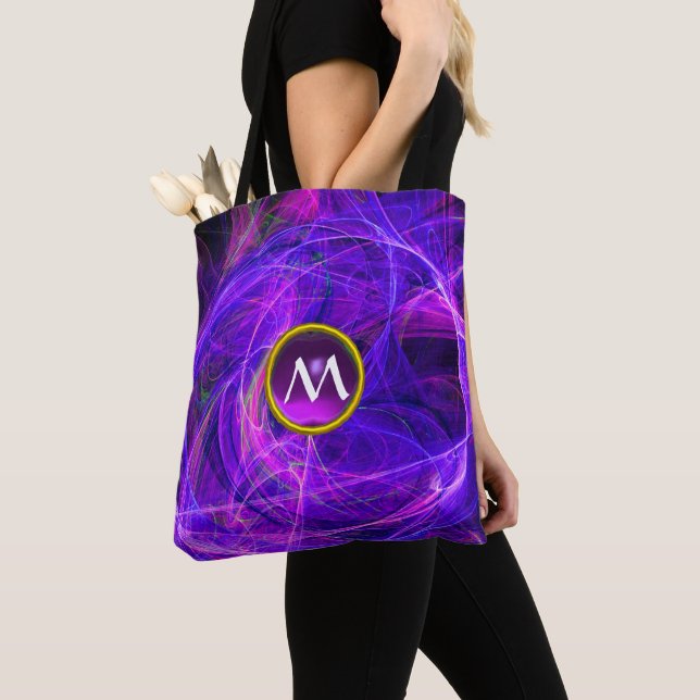 CRAZY PHOTON  GEM MONOGRAM Purple Blue Fractals Tote Bag (Close Up)