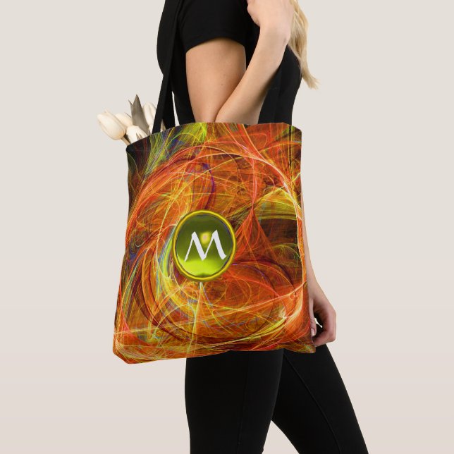 CRAZY PHOTON  GEM MONOGRAM Yellow Orange Fractals Tote Bag (Close Up)