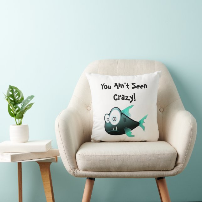 Crazy Piranha, Weird Funny Cartoon Fish Design Throw Pillow (Chair)