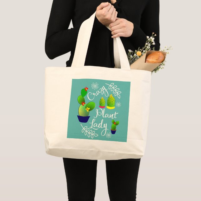 Crazy Plant Lady Funny Cactus Large Tote Bag (Front (Product))