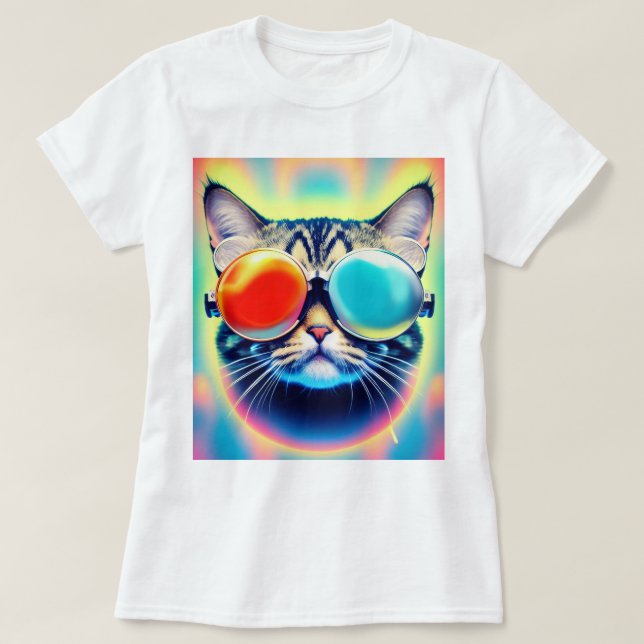 Crazy Psychedelic Psychonaut Kitty Cat White T-Shirt (Design Front)