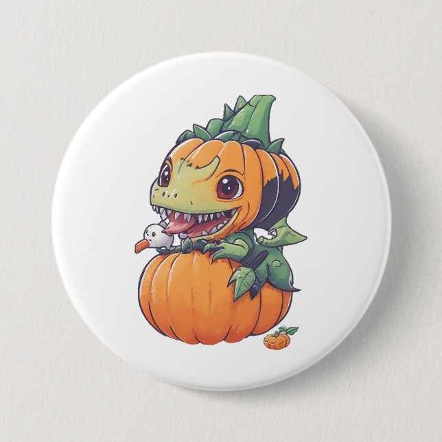 crazy pumpkin trying to eat spooky  3 inch round button (Front)