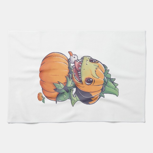 crazy pumpkin trying to eat spooky  kitchen towel (Horizontal)