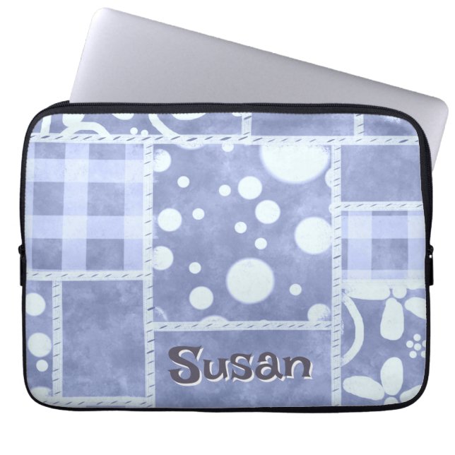 Crazy Quilt Blue Gingham Floral Personalized  Laptop Sleeve (Front)