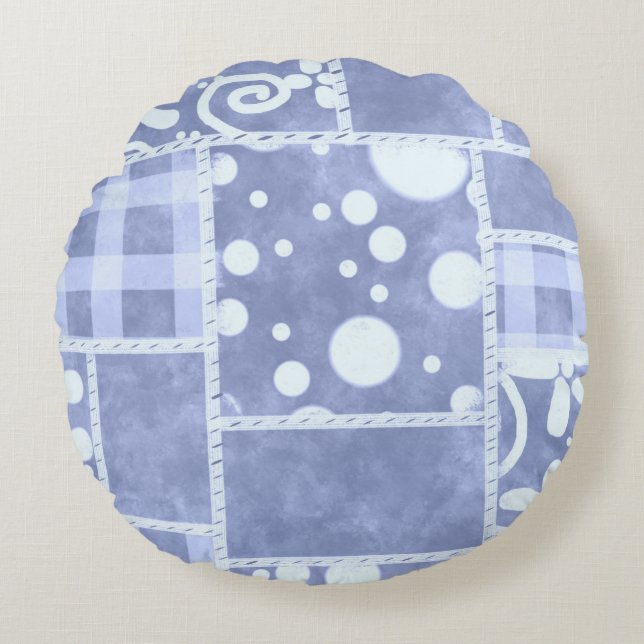 Crazy Quilt Blue Gingham Floral Personalized  Round Pillow (Front)