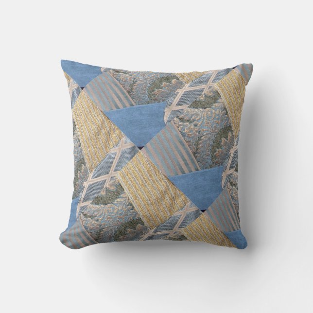 Crazy Quilt in Gold n Teal Throw Pillow (Front)