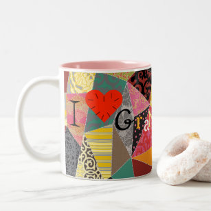 Crazy Quilt Patchwork I Love Grandma Monogrammed Two-Tone Coffee Mug