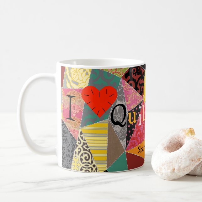 Crazy Quilt Patchwork I Love Quilting Monogrammed Coffee Mug (With Donut)