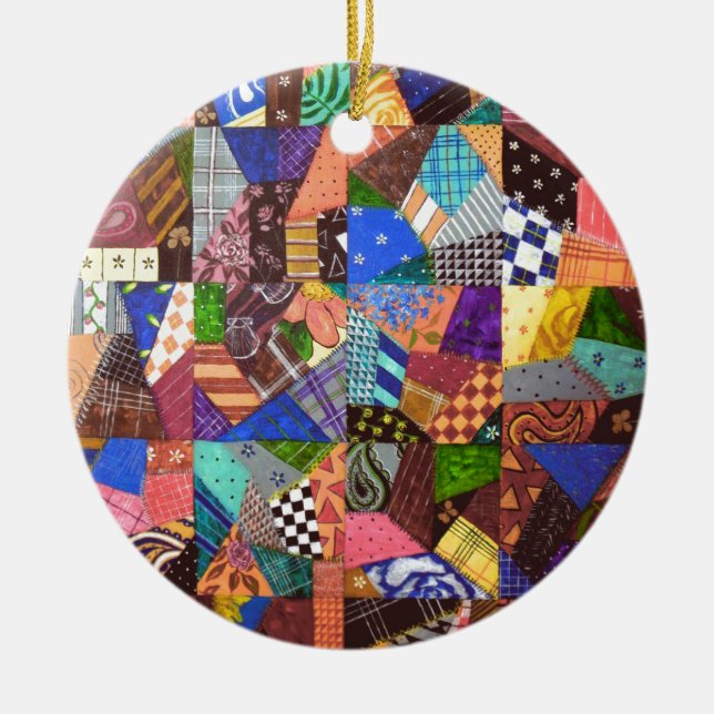 Crazy Quilt Patchwork Quilt Abstract Art Geometric Ceramic Ornament (Front)