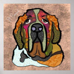 Crazy St Bernard dog face hand-painted  Poster