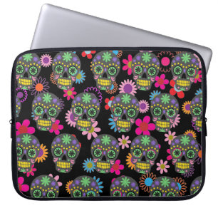 Crazy Sugar Skull and Flowers Black Pattern Laptop Sleeve