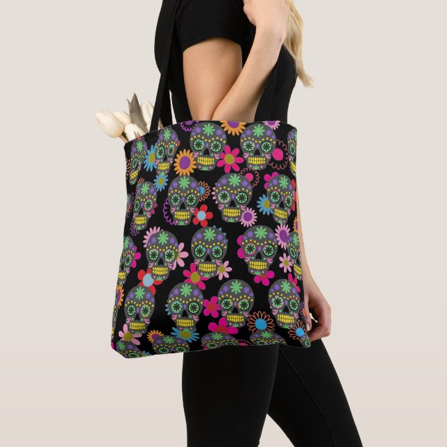 Crazy Sugar Skull and Flowers Black Tote Bag (Close Up)