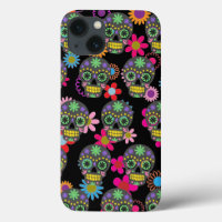 Crazy Sugar Skull and Flowers on Black Pattern