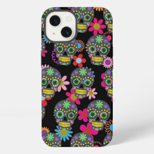 Crazy Sugar Skull and Flowers on Black Pattern iPhone 13 Case