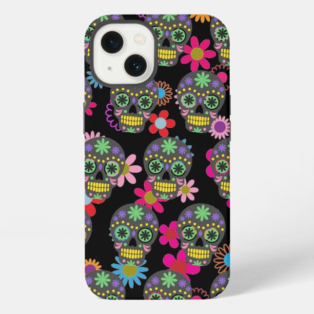 Crazy Sugar Skull and Flowers on Black Pattern iPhone Case (Back)