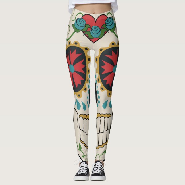 Crazy Sugar Skull White, Red and Turquoise Legging (Front)
