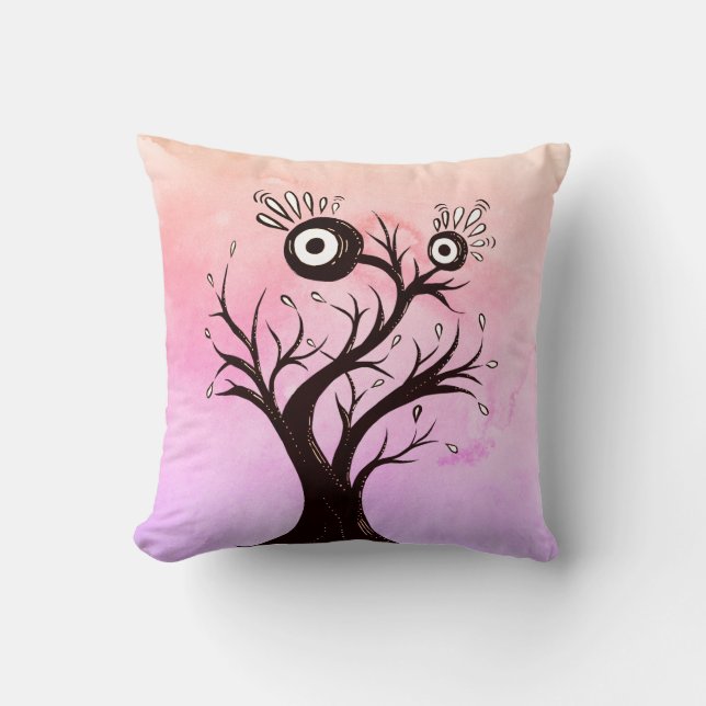Crazy Tree Creature Ink Art Pink Fantasy Throw Pillow (Front)