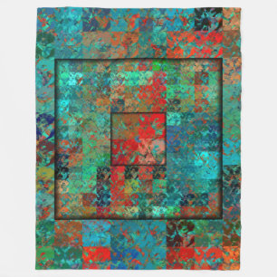 Crazy Turquoise and Red Squares and Squiggles Fleece Blanket