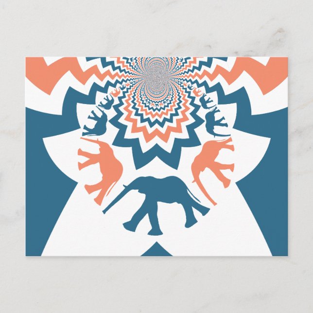 Crazy Walking Elephants Coral Blue Chevron Pattern Postcard (Front)