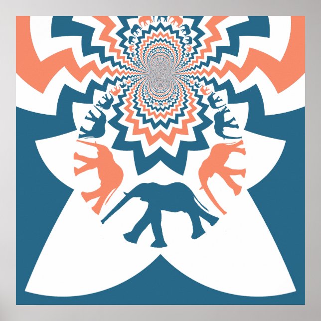 Crazy Walking Elephants Coral Blue Chevron Pattern Poster (Front)