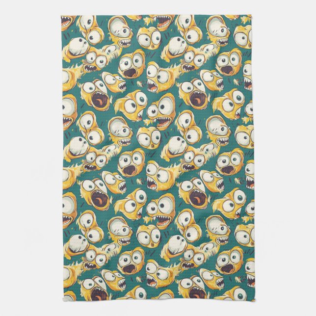 Crazy Yellow Monster Teal Halloween Kitchen Towel (Vertical)