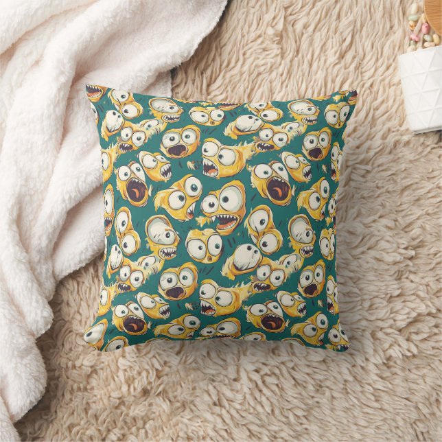 Crazy Yellow Monster Teal Halloween Throw Pillow (Blanket)