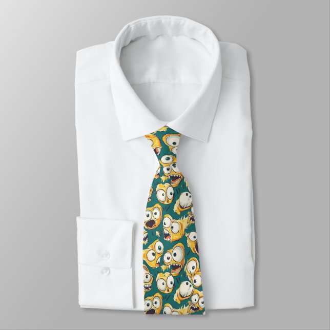 Crazy Yellow Monster Teal Halloween Tie (Tied)