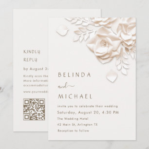 Cream 3D Flowers Roses Simple Wedding Invitation