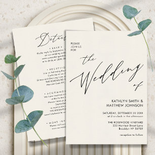 Cream All In One Elegant Script Minimalist Wedding Invitation