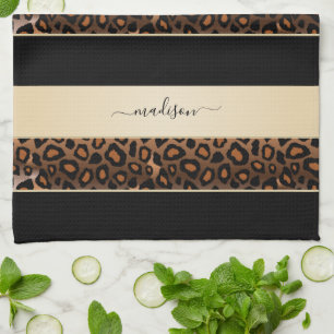 Cream and Black Leopard Animal Print Kitchen Towel