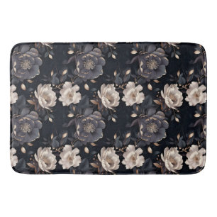 Cream and Black Peony Elegant Vintage Dark Floral Bath Mat