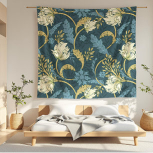 Cream and Blue Floral Art Nouveau Fleece Blanket